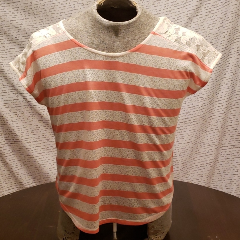 bobbie Brooks pink/white striped floral lace T